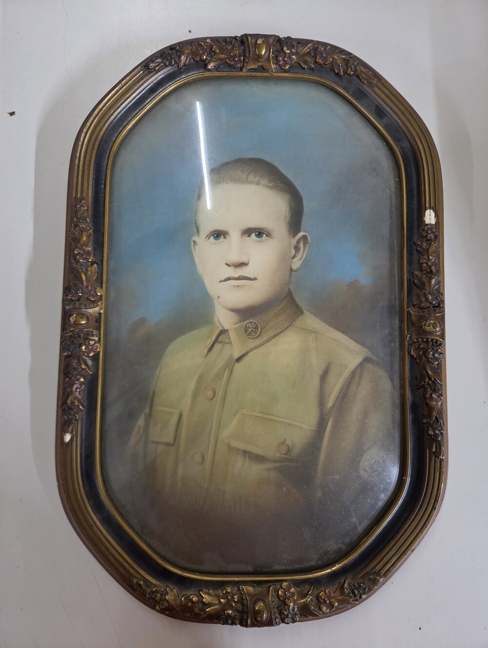 Antique WWI US Army Soldier Portrait Convex Bubble Glass Frame 155th Infantry